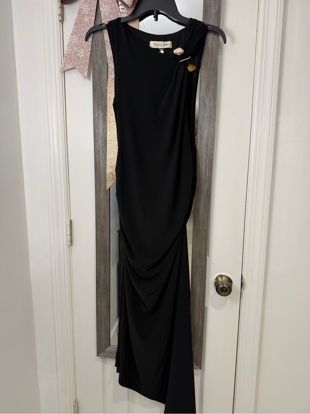 TAYLOR Black One-Shoulder Draped Evening Gown